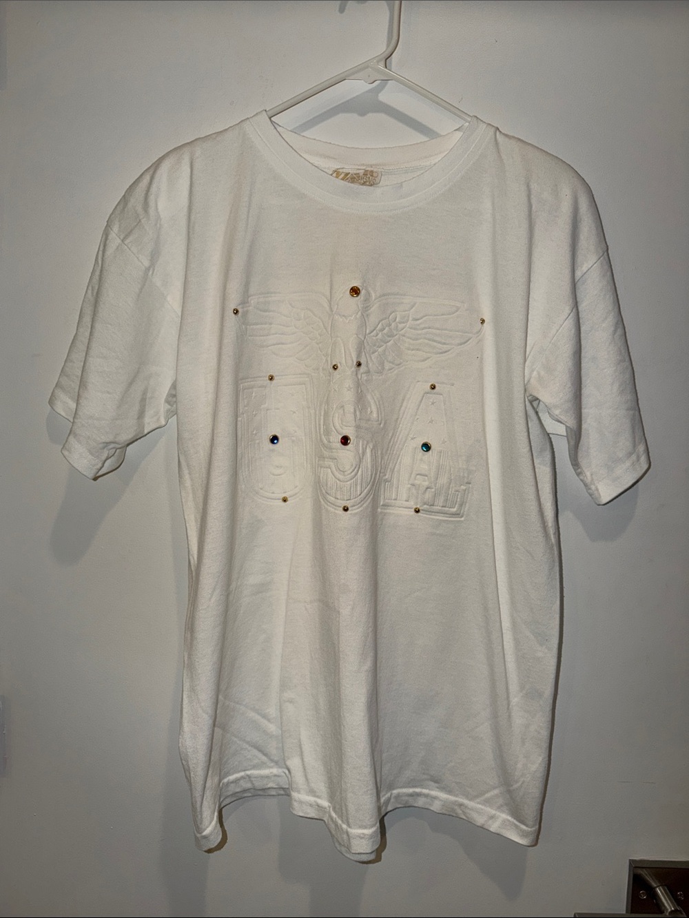 BNWOT KAVIO DESIGNS White USA Oversized Teeshirt With Rhinestone, Sz Petite OSFM